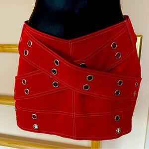 Red Grommet-Detail Mini Skirt